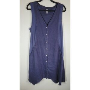 XCVI Francis Tank Dress Linen Button Front Sleeveless Blue Lagenlook Large